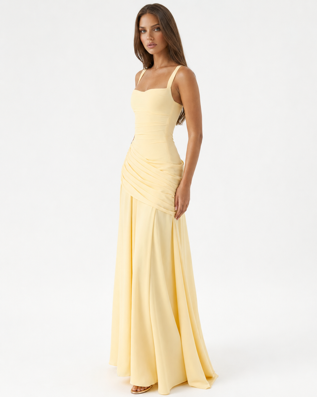Vestido maxi mujer con escote cuadrado y drapeado lateral